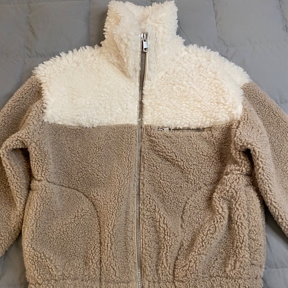 Abercrombie & Fitch Cream Taupe Colorblock Zip Up Sherpa Jacket - Picture 5 of 14